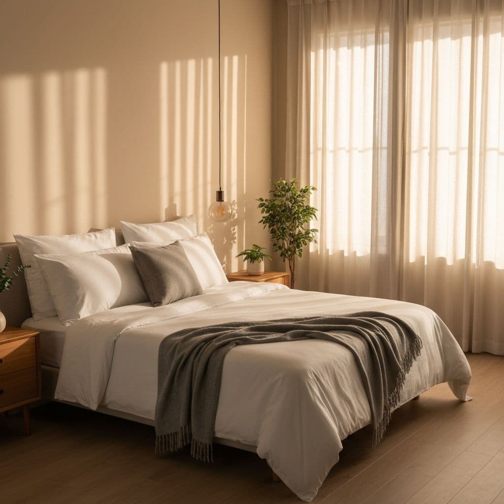 Luxurious bedroom with Groundium grounding sheet on a beautifully made bed